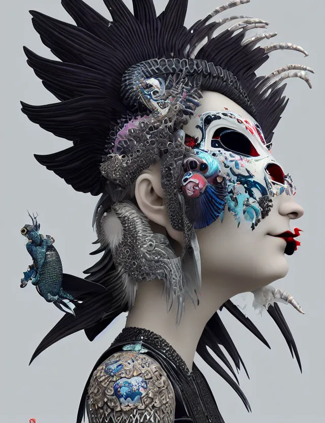 Prompt: 3 d goddess close - up profile portrait russian punk with mohawk with ram skull. beautiful detailed japanese crow kitsune mask and clasical japanese kimono. betta fish, jellyfish phoenix, bio luminescent, plasma, ice, water, wind, creature, artwork by tooth wu and wlop and beeple and greg rutkowski