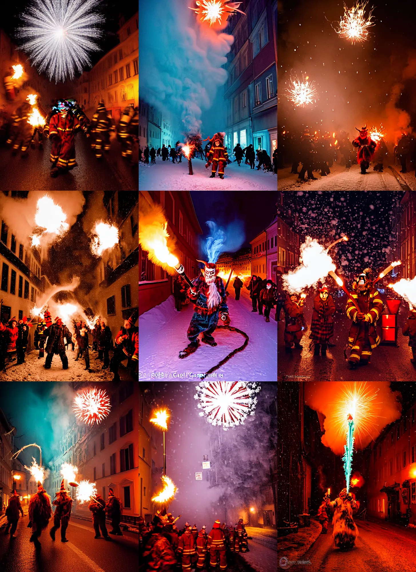 Image similar to kodak portra 4 0 0, winter, snowflakes, hellfire chaos, award winning dynamic photo of a bunch of hazardous krampus between exploding fire barrels by robert capas, motion blur, in a narrow lane in salzburg at night with colourful pyro fireworks and torches, teal lights