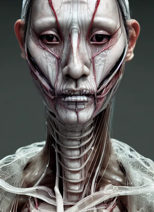 Image similar to 3 / 4 portrait, geisha girl with transparent skin, visible muscle and bones and veins and nerves, david cronenberg, hyperrealism, detailed textures, photorealistic 3 d cyberpunk apocalyptic city, futuristic clothing and helmet, ultra realistic, cinematic, intricate, cinematic light, unreal engine 8 k, octane render, unreal engine by david kostic and stanley lau and artgerm