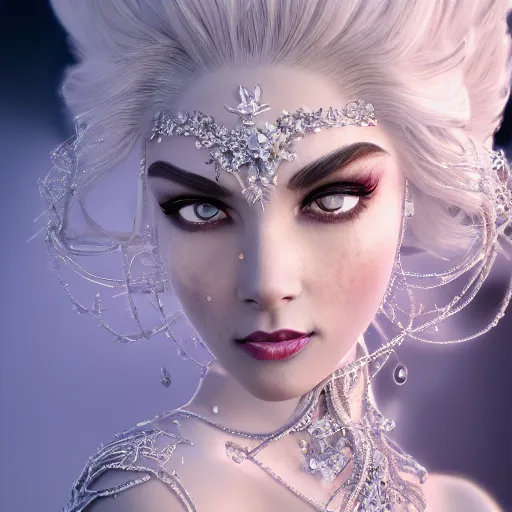 Prompt: portrait of wonderfu princess of white diamonds with fair skin, white hair, white flowers, ornate with white diamonds, 8 k, gorgeous, intricate, detailed, glowing white accent lighting, dramatic lighting, octane render