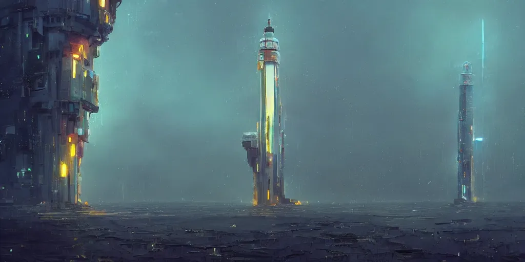 Image similar to concept art of a lone towering sci - fi lighthouse at the cape of a big city, grimy, gritty, blade runner 2 0 4 9, trending on artstation, award winning painting, cgi, art by john berkey and anton fadeev and john howe and simon stalenhag