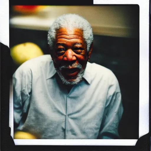 Image similar to polaroid photo of morgan freeman eating a spanish potato omelette