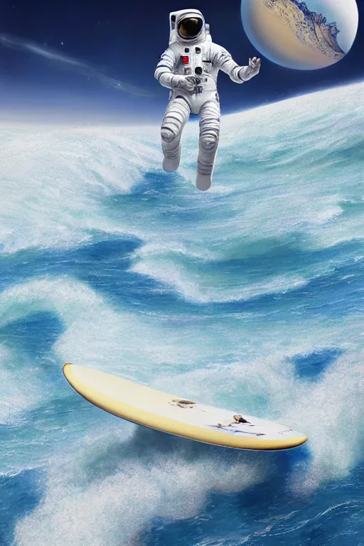 Image similar to a beautiful digital painting of an astronaut in a white and royal blue luxurious space suit surfing the great wave on a mecha surfboard at Pamukkale, thermal waters flowing down white travertine terraces by greg rutkowski, photorealistic, trending on artstation, highly detailed, intricate, unreal engine, octane render