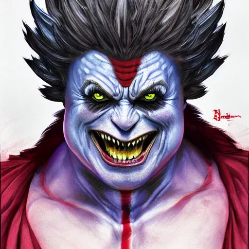 Image similar to ultra realistic beetlejuice as akuma from street fighter, portrait, 4 k, ultra realistic, detailed focused art by artgerm and greg rutkowski and alphonse mucha