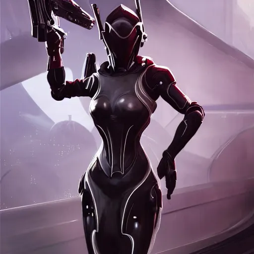 Image similar to A combination of Ada Wong's and Grace Kelly's and Ashley Greene's appearances wearing Warframe armor, high tech, action shot, angular, full body portrait, futuristic, dramatic, fantasy, intricate, elegant, highly detailed, digital painting, artstation, concept art, matte, sharp focus, illustration, 8K, art by Donato Giancola and James Gurney