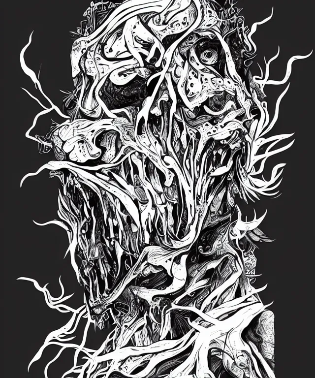 Prompt: black and white illustration, creative design, bold simple, body horror, monster