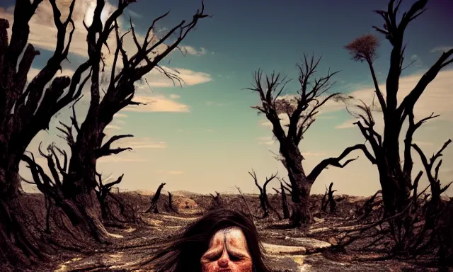 Image similar to medium shot of a crying ancient dried up Danu, peaceful, facing the camera and standing in front of a dried up river in a desolate land, dead trees, blue sky, hot and sunny, highly-detailed, elegant, dramatic lighting, artstation, 4k, cinematic landscape, photograph by Elisabeth Gadd