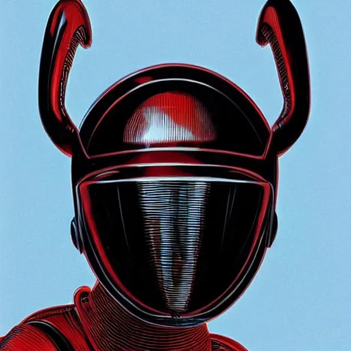 Image similar to self portrait of a humanoid ant with a helmet in the shape of pincers. Red and black body armor, digital art, realistic, ultradetailed, concept art in the style of Science Fiction. art by Syd Mead and Moebius, trending on artstation, devianart, cgsociety