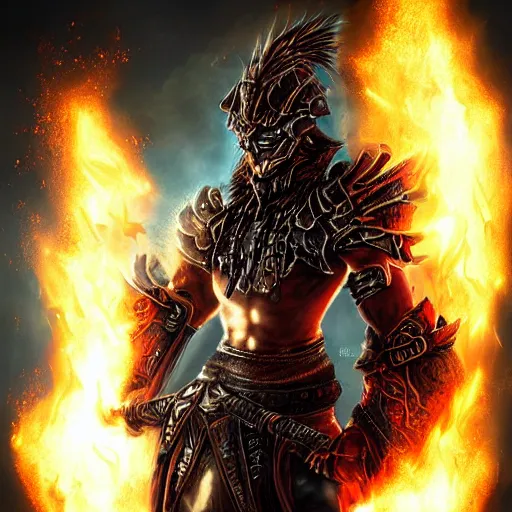 Prompt: a corrupted warrior in flaming armor, shadows, exquisite detail, dark fantasy art, exquisite detail, cinematic shot, digital art, flames