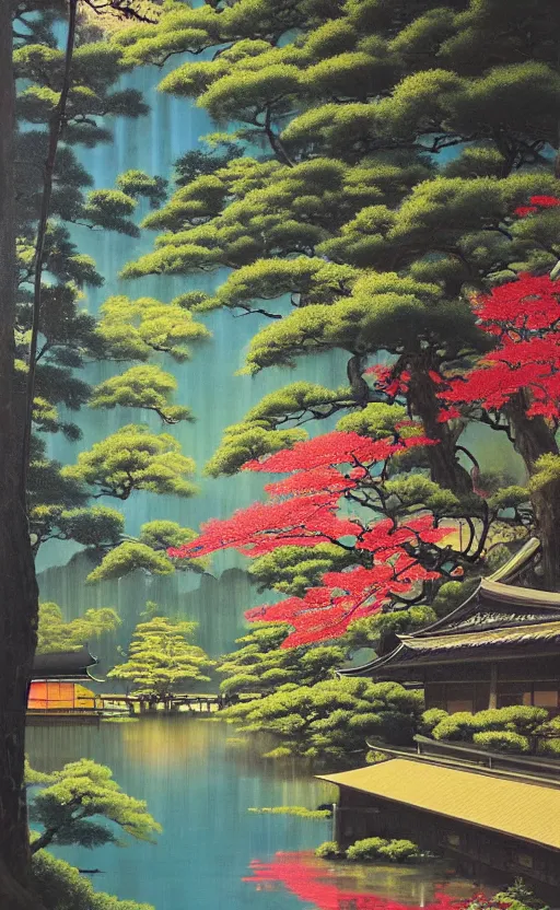 Image similar to japanese inspired poster, beautiful japanese architecture and nature, oil on canvas, japanese art beautiful aesthetic, photorealistic, lake, light rays theough the trees