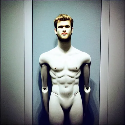 Image similar to “a realistic detailed photo of a guy who is an attractive humanoid who is half robot and half humanoid, who is a male android, actor Liam Hemsworth, shiny skin, posing like a statue, blank stare, at the museum, on display”