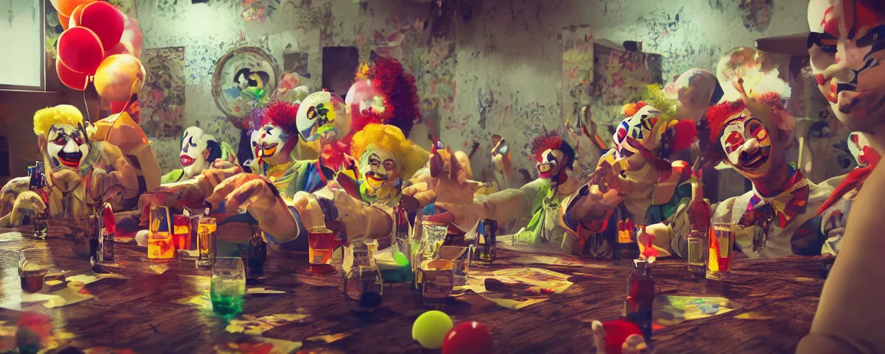 Prompt: clown gang drinking, wide angle, photo realistic, extreme detail, 8K , octane render, cinematic