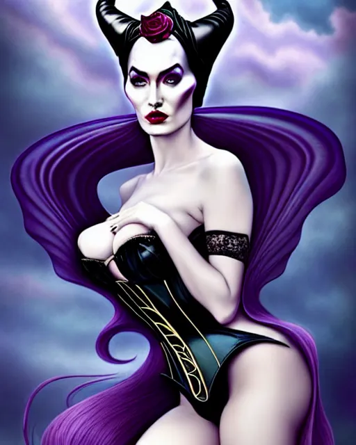 Image similar to new art nouveau portrait of fantasy succubus maleficent megan fox wearing a latex corset, anna dittmann, moebius, wlop, artgerm, patrick nagle, charlie bowater and loish. long windblown hair, very large, clear, expressive, and intelligent eyes, ultrasharp focus, dramatic lighting, photorealistic digital matte painting, intricate.