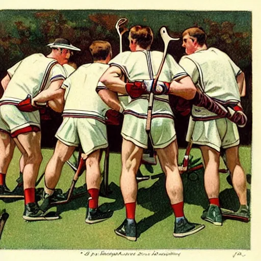 Prompt: 1920s full color illustration by J.C. Leyendecker of handsome male lacrosse players in a huddle on the field,