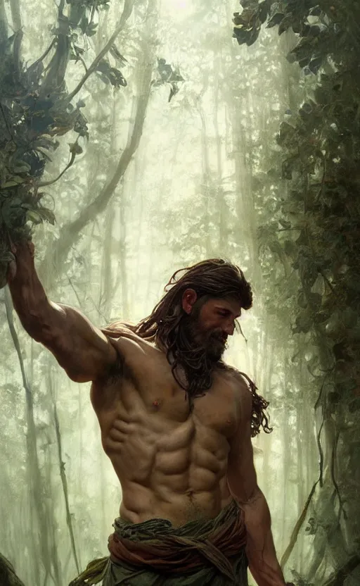 Image similar to god of the forest, rugged, handsome, male, detailed face, clean lines, atmospheric lighting, amazing, full body, thighs, flowers, muscular, intricate, highly detailed, digital painting, deviantart, concept art, sharp focus, illustration, art by greg rutkowski and alphonse mucha