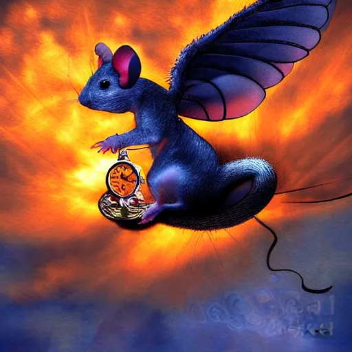 Image similar to a mouse with clockwork wings flying through thick orange clouds, fantasy digital art