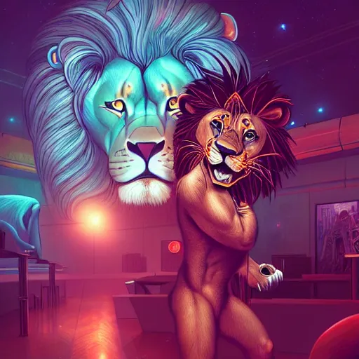 Image similar to a lion inside a night club, people dancing, hyperdetailed, in the style of artgerm, deviantart, figurative art, deviantart, ilya kuvshinov, lovecraftian