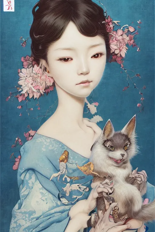 Image similar to a cover of japanese art portrait of a cute girl magazine about animal creatures bio by illustrated by miyazaki by karol bak, james jean, tom bagshaw, rococo, sharp focus, trending on artstation, cinematic lighting, hyper realism, octane render, 8 k, hyper detailed, vivid, ultra detailed, highly detailed