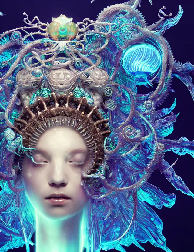 Image similar to goddess macro close - up portrait in crown made of ram skull. betta fish, jellyfish phoenix, bioluminiscent, plasma, ice, water, wind, creature, super intricate ornaments artwork by tooth wu and wlop and beeple and greg rutkowski