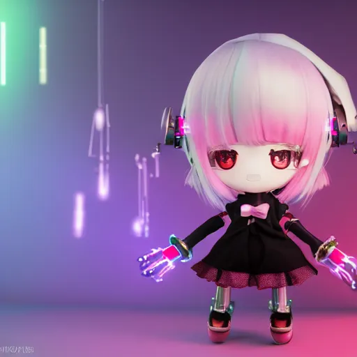 Prompt: cute fumo plush of a girl with prosthetic mechanical arms, green velvet dress, glowing dataglyphs, bokeh, cyberpunk anime girl, vray