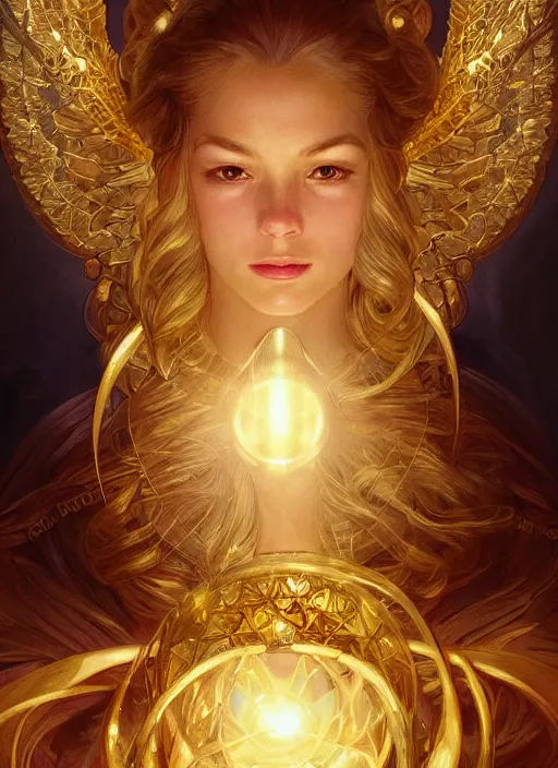 Prompt: close up portrait of beautiful angel holding golden orb of light, d & d, face, fantasy, intricate, elegant, highly detailed, digital painting, artstation, concept art, smooth, sharp focus, illustration, art by artgerm and greg rutkowski and alphonse mucha