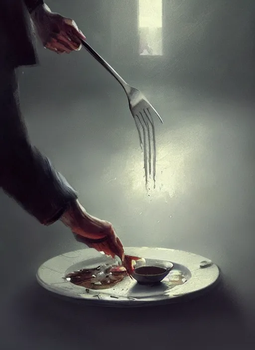 Prompt: last drop of water on the plate, a man holding fork and knife on ot, by greg rutkowski, trending on artstation, masterpiece