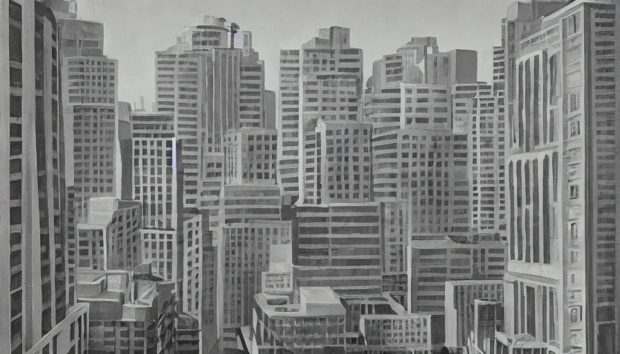 Image similar to american city, modern times, an apartment building, four stories high, with a huge water tank on the roof. the color of the picture is gray, and the painting style is realistic and retro