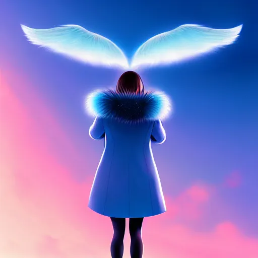 Image similar to giant droplets of water floating around a flying girl with wings, sky blue straight hair, low - angle shot from behind, blue coat, fur scarf, ultra fine detail, dark theme, digital painting, psychedelic, film still, cinematic, wlop, ilya kuvshinov, ross tran