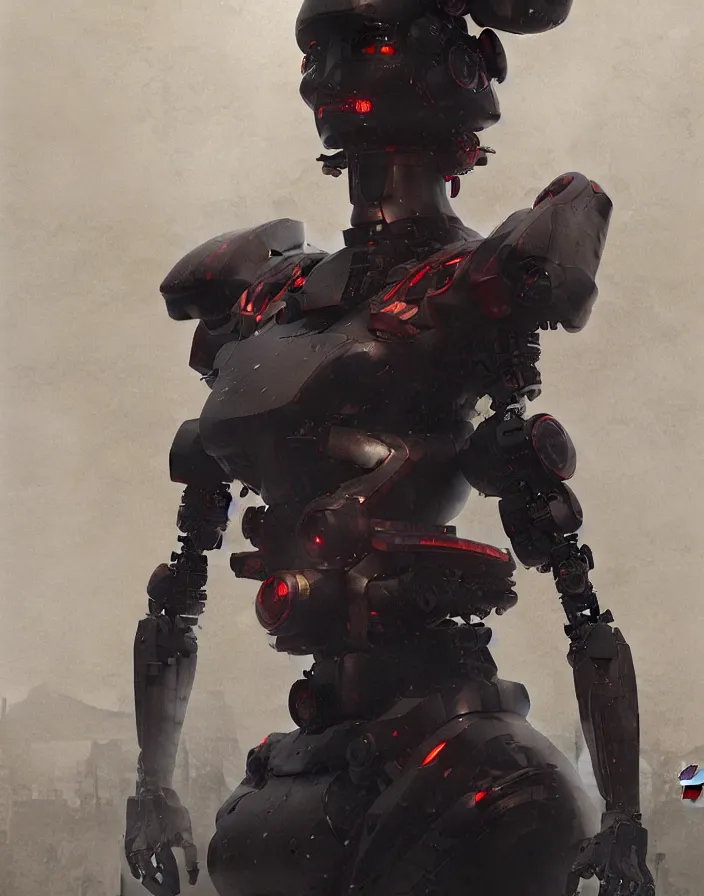 Image similar to portrait of a geisha robot by greg rutkowski and ruan jia, mecha, washed colors, dark, gloomy, matte painting, unreal engine 5