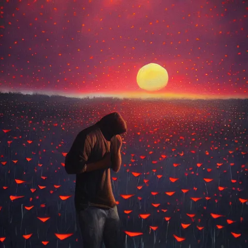 Prompt: a man receiving a thousand hugs from ten thousand lightning bugs, beautiful painting, twilight, sunset, artstation