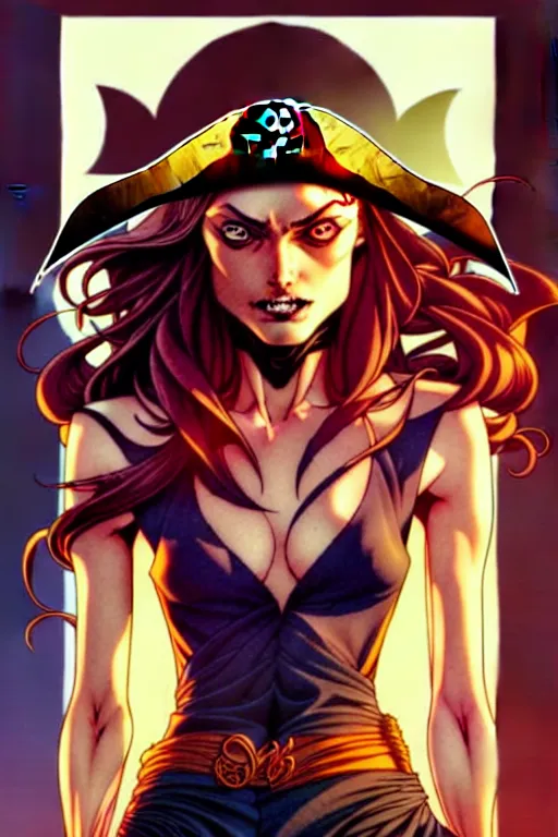 Image similar to artgerm, joshua middleton comic cover art, pretty pirate phoebe tonkin smiling, full body, symmetrical eyes, symmetrical face, long curly black hair, on a pirate ship background, warm colors