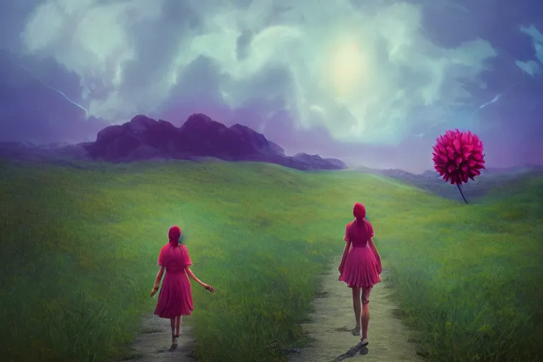 Image similar to giant dahlia flower as a head, girl walking on mountain, surreal photography, stars, dramatic light, impressionist painting, storm clouds, digital painting, artstation, simon stalenhag