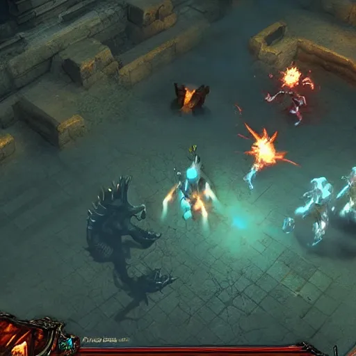 Image similar to “top-down mmorpg in lost ark style with a Minotaur boss being fought by player characters”