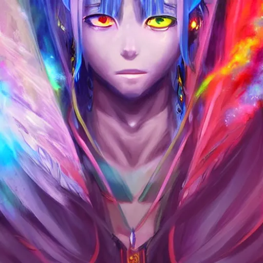 Image similar to anime portrait of a rainbow as a shaman yedi using dark force to eliminate trump as an anime antagonist by Stanley Artgerm Lau, WLOP, Rossdraws, James Jean, Andrei Riabovitchev, Marc Simonetti, and Sakimichan, trending on artstation