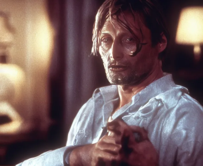 Prompt: a still of mads mikkelsen in the silence of the lambs ( 1 9 9 1 ), 4 k, hi - res