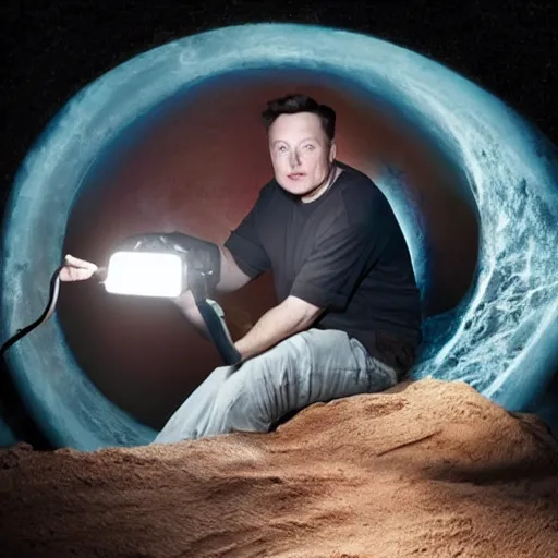 Image similar to Elon musk sitting in a dark cave eating batteries out of his flashlight, photorealistic