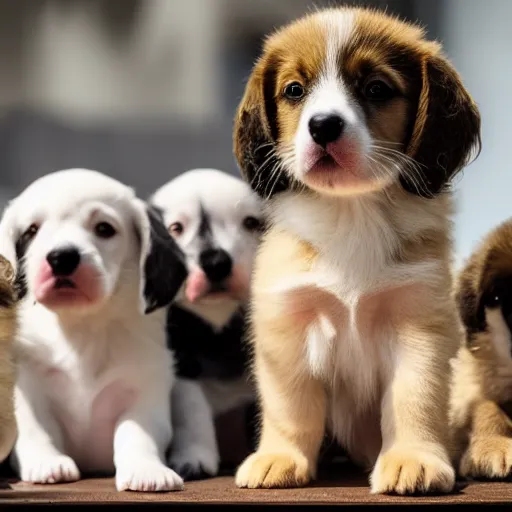 Image similar to photo of a sign beside a box of puppies saying Free Puppies, highly detailed, high quality, HD, 4k, 8k, Canon 300mm, professional photographer, 40mp, lifelike, top-rated, award winning, realistic, sharp, no blur, edited, corrected, trending