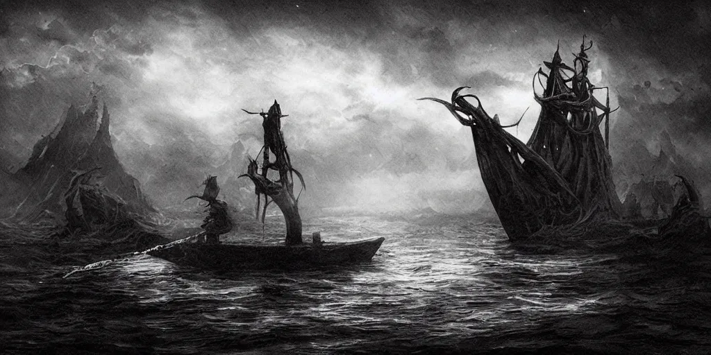 Prompt: Blood is our fountain of faith. In darkness we dwell, shadows with tales to tell. We sail with Charon until the shores of Acheron by Kristian Wahlin