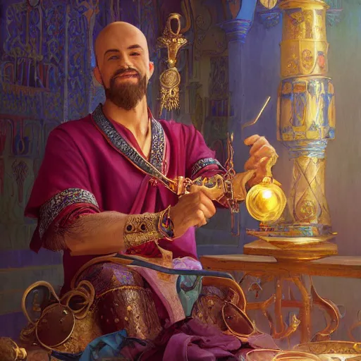 Image similar to charming tailor of middle - eastern descent, dressed in fine colorful robes and jewelry over fantasy armor, goatee, smirking, holding a magic needle and spool, fantasy art by barret frymire and artem priakhin and wenjun lin and greg rutkowski and alphonse mucha, artstation, matte, illustration, intricate, highly - detailed high resolution