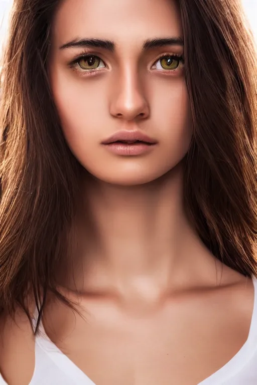 Image similar to 2 4 year old female model, wearing white v - neck top, zoomed in, photo realistic, extreme detail skin, no filter, slr, golden hour, 4 k, high definition, selfie