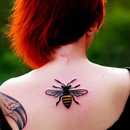 Prompt: a tattoo of bee movie on the beautiful back of a woman with crimson - red hair, anonymous, cinematic lighting, beautiful composition