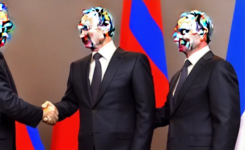 Prompt: vladimir putin shaking hands with billy herrington, press conference, 1 0 8 0 p, press photos