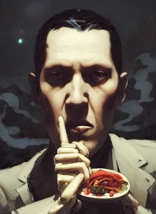 Image similar to highly detailed portrait of h p lovecraft eating shushi by greg rutkowski, mike mignola, tom bagshaw artgerm and ross tran, beautiful dramatic dark moody lighting, cinematic atmosphere, glossy magazine painting, global illumination, deep color, 8 k resolution, high details, flickr, dslr, artstation