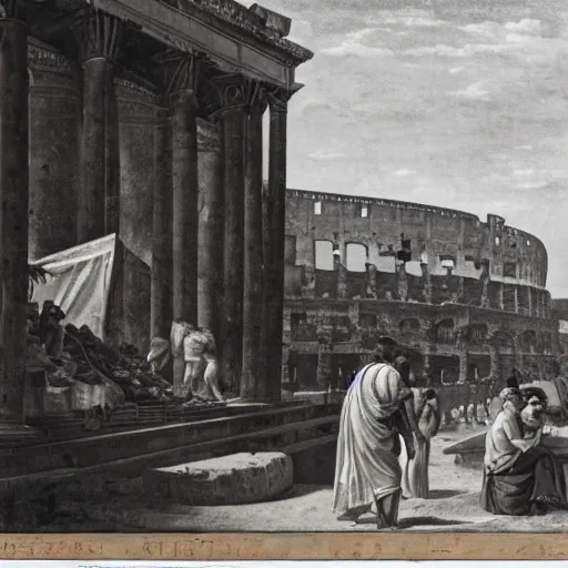 Prompt: a man working a food stand in ancient rome