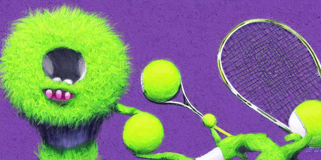 Image similar to tennis ball monster playing on a tennis court, tennis net, tennis stadium, purple, digital art, fantasy, magic, chalk, chalked, trending on artstation, ultra detailed, detailed, fine details, professional illustration by basil gogos