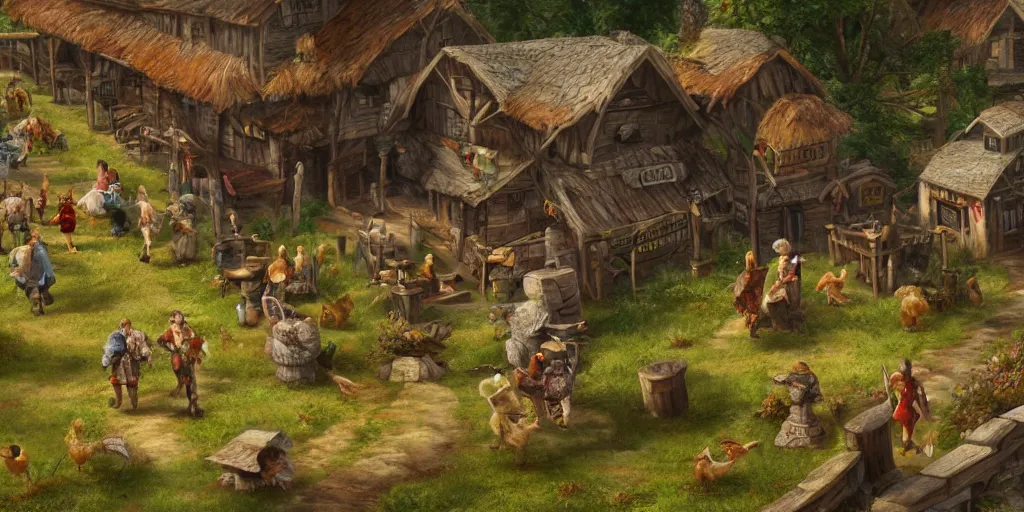 Prompt: many walking taverns with chicken legs in the distance, fantasy art, 8k resolution, maximum detail