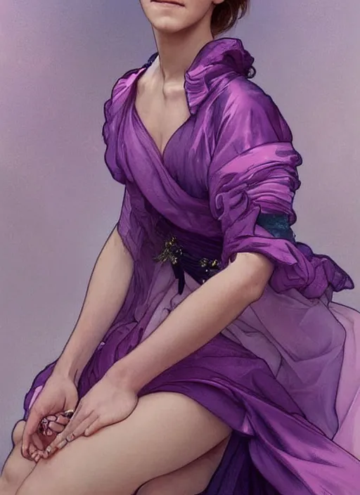Image similar to emma watson wearing revealing pink and purple silk dress with flounces. beautiful detailed face. by artgerm and greg rutkowski and alphonse mucha