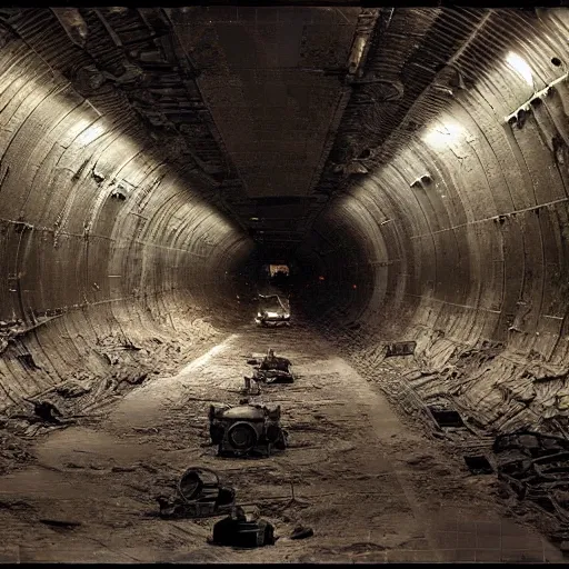 Prompt: vast dimly lit dark tunnel piles of broken spaceships broken robots and abandoned machines photorealism