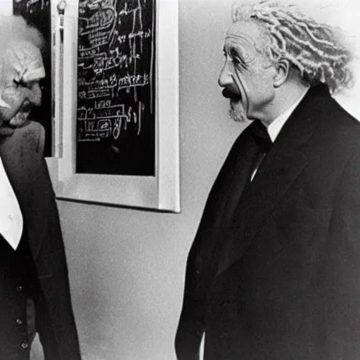 Prompt: Albert Einstein and Gzuz discussing theoretical physics, photograph