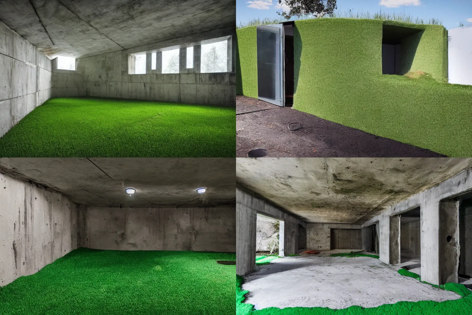 Prompt: photo of a house exterior inside a bunker, fake grass, fake sky